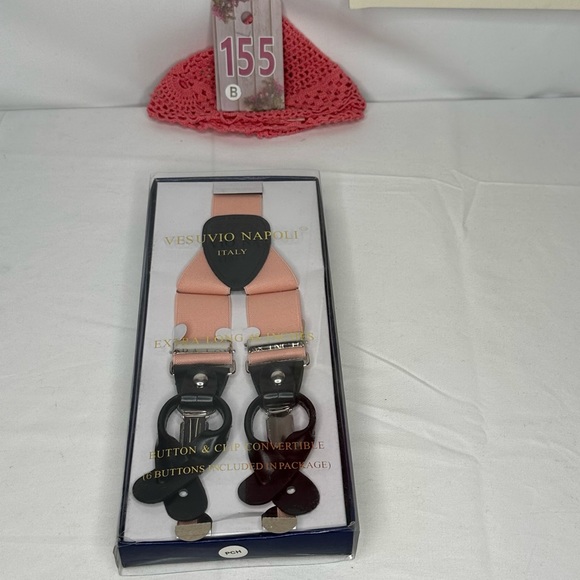 NWT in box Vesuvio Napoli Peach Suspenders Y Shape Black Elastic & Silver Clips - Picture 2 of 5